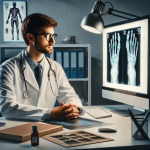 Bác sĩ đang phân tích kết quả chụp X-quang để chẩn đoán bệnh gout