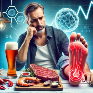 Người đàn ông trung niên cầm ly bia, ăn thịt đỏ, hải sản và bị sưng đỏ ở bàn chân do bệnh Gout.
